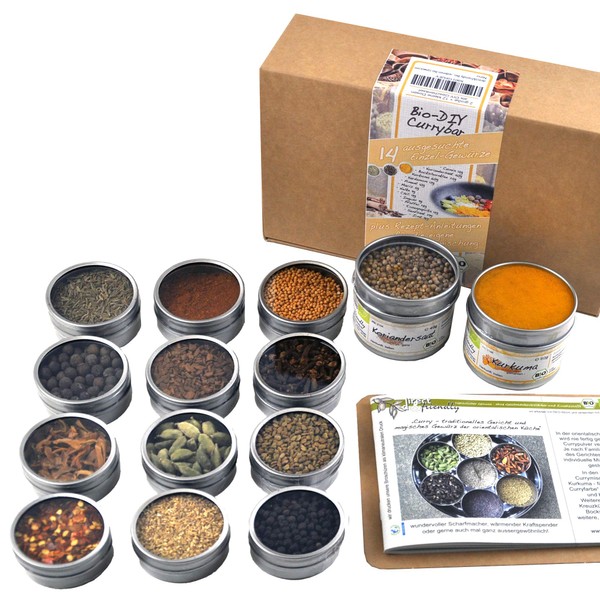 direct&friendly Organic Curry Set Gift DIY Spice Set Gift Set with 14 Different Organic Spices and Recipe Book
