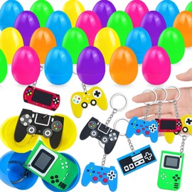 AFZMON 24 Prefilled Easter Eggs with Video Game Controller Keychains for Toddlers, Easter Egg Hunt for Kids, Easter Basket Stuffers Fillers, Easter Party Favors Classroom Prizes