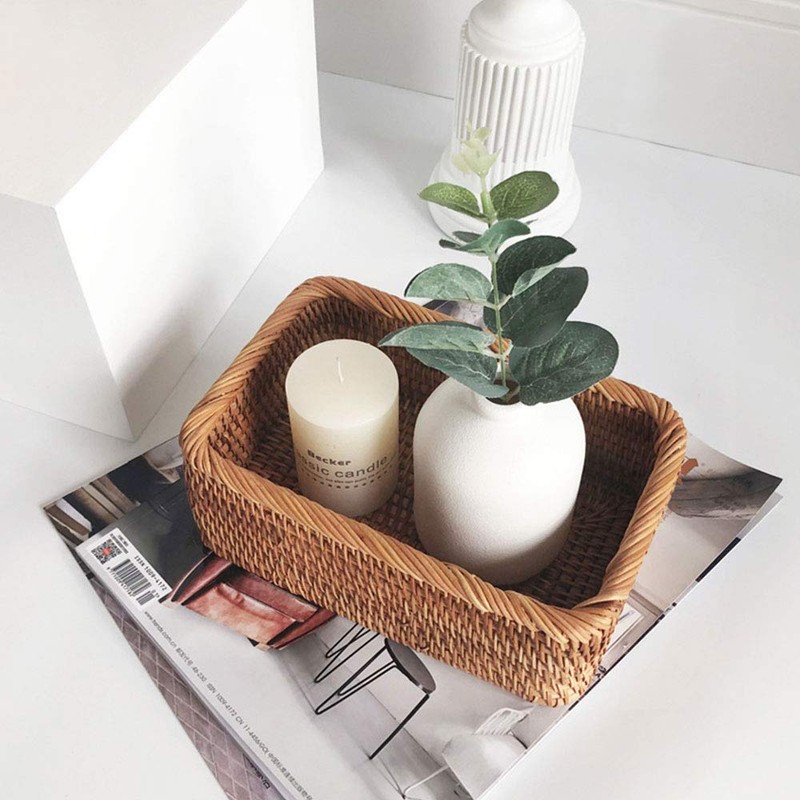 LEMCC Woven Rattan Baskets 20x14x7cm Rectangle Woven Fruit Basket Wicker