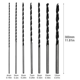 Wood Drill Bit Set Long, 7 Pieces Extra Long Spiral Drill Bit, Sturdy Shatterproof Auger Drill, Long Wood Drill Bit Formwork Drill Diameter 4, 5, 6, 7, 8, 10, 12 mm x 300 mm