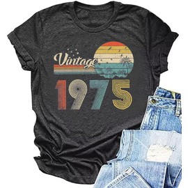 50th Birthday Gift for Women Vintage 1975 Shirts Letter Print Retro Birthday Tops Casual Short Sleeve Tee (US, Alpha, Large, Regular, Regular, 1975 Dark Gray 3)