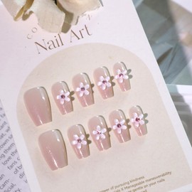 MouyouGlow Press on Nails Mittellang,Ballerina Nude Rosa 3D Blumen Floral Glitzer Y2K Fake Nails with Nail Glue,Natural Pink Flowers Shimmer Artificial Fingernails