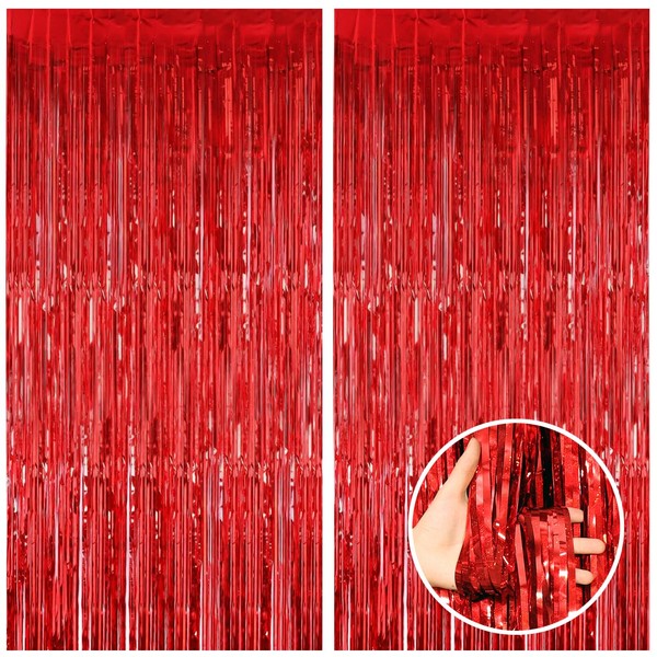 CANREVEL 2 Pack 3.3x8.2 Feet Red Foil Fringe Backdrop Curtains,