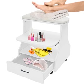 Portable Pedicure Foot Rest with Wheels, Pedicure Stool, Trolley for Foot Bath, Spa Cart, Nail Stand, Manicure Furniture for Beauty Salon or Nail Tech Spa, Massage Station (White)