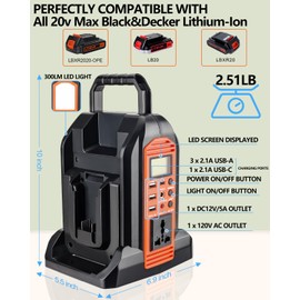 350W Power Inverter for Black+Decker 20V Battery, 2-Ports DC 20V to AC 110-120V Pure Sine Wave Battery Inverter with 3 USB-A Port, 1 USB-C Port,300lm LED Light for Camping Travel Emergency(Tool Only)