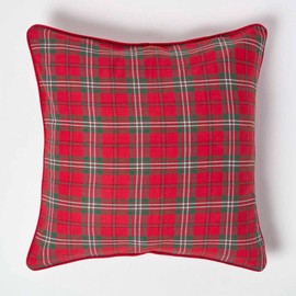 HOMESCAPES - 100% Cotton - Edward Tartan Check - Large Cushion Cover - 60 x 60 cm Square - 24 x 24 Inches - Christmas Red Green - 100% Cotton - sofa Cushion Cover - Washable