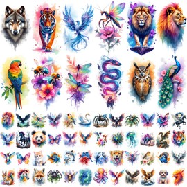 75 Pcs Watercolor Temporary Tattoo Stickers Decoration for Adult 4.7 Inch 3D Realistic Animal Insect Themed Temporary Tattoos Sticker Bulk Fake Mixed Style Sleeve Stickers for Women Men Decor Supplies