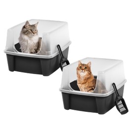 IRIS USA 2 Pack Large Cat Litter Boxes with Scatter Shield and Scoop, Open Top High Sided Cat Litter Pan, Black