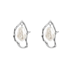 Baroque Pearl Dangle Earrings for Women,Trendy Gold Irregular Drop Stud Earrings,Retro Exaggerated Silver Hypoallergenic Earring (Silver)