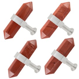 moonsix Pack of 4 Double Pointed Hexagonal Drawer Handles Silver Crystal Stone Knobs with Screws for Kitchen Cabinet Dresser Decor, Red Jasper