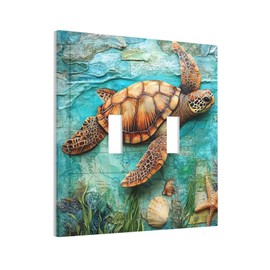 JDAKHD Nautical Sea Turtle Ocean Theme Light Switch Cover Plate Double Toggle Decorative Wall Plate Vintage Map Beach 2 Gang Dual Switchplate Electrical Faceplate Bathroom Bedroom Decor