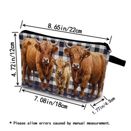 YULUENZE Checkered Highland Cattle Makeup Bag Cute Small Organizer Bag with Zipper Checkered Highland Cattle Cosmetic Bag Aesthetic Birthday Present for Women Friends -1