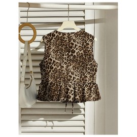 SHENHE Women's Y2k Tie Front Denim Vest V Neck Ruffle Hem Sleeveless Peplum Jean Top Shirt, Leopard Brown, Large