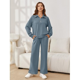 Glamaker Womens 2 Piece Outfits Sweatsuit Set Oversized Half Zip Sweatshirt Wide Leg Sweatpants Lounge Set Tracksuit, Grey Blue, X-Large