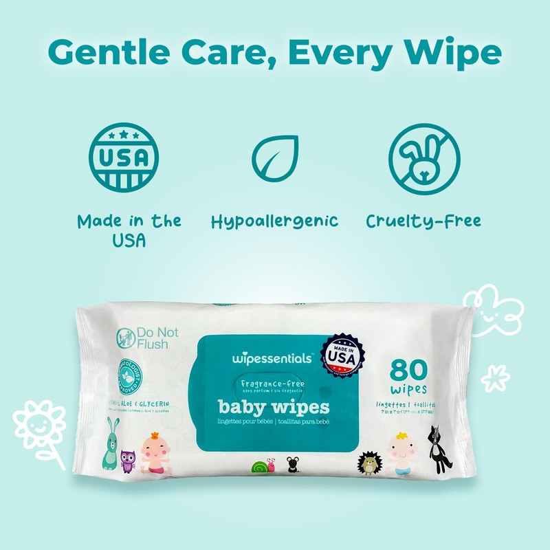 WipeEssentials Baby Wipes, Unscented Hypoallergenic Wet Wipes for Sensitive Skin,