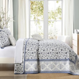 SOElinens Floral Quilt King Size - Blue Quilt Set with Matching Shams, Vintage Garden Elegant Bedding Quilted Bedspread, 3 Pieces 100% Cotton Lightweight Bedding Set Home Decor for All Season