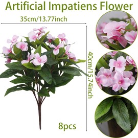FAICOIA 8 Pcs Artificial Impatiens Flowers for Outdoors Faux Impatiens Bushes Pink Silk Flowers Greenery Artificial Impatiens Bouquet for Patio Lawn Garden Pot Hanging Basket Porch Decoration