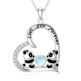 Shusukue Panda Necklace for Girls 925 Sterling Silver Love Heart Panda Pendant with Moonstone Love You Forever Necklace Animal Jewelry Panda Gift for Women Wife (with Gift Box)