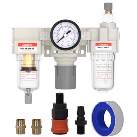 AIRZOE 1/4” NPT Air Compressor Filter, Regulator and Lubricator Combos FRL - Water Oil Trap Separator AC2000-02, 5 Micron Brass Element, Semi-auto Drain, 0-150 psi Gauge