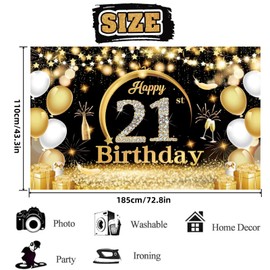 Happy 21st Birthday Party Banners,Birthday Party Decoration Extra Large Fabric Black Gold Sign Poster for Anniversary Photo Booth Backdrop Background Banner, 72.8 x 43.3 Inch