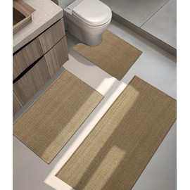 YIHOUSE Bathroom Rugs Sets 3 Pieces, Beige Ultra Thin Bath Mats Fit Under Door, Absorbent Quickly Dry Easy Jute Print Bath Mat Set, Non Slip Washable Bathroom Rugs Mat for Bathroom Floor, Beige