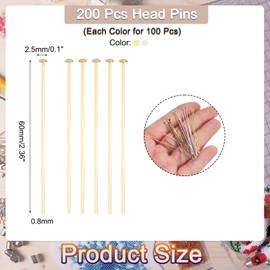 MECCANIXITY 200Pcs Flat Head Pins for Jewelry Making 60mm Brass Flat Head Pins Jewelry for Craft Earring Bracelet Necklace Pendant Supplies 20 Gauge Silver and Gold