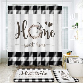 FZDHHY Black and White Shower Curtain Set Home Sweet Home Bathroom Sets with Rugs,Rustic Plaid Bathroom Shower Curtain Set with Carpet Bath Mat Toilet Rugs