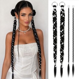 Black Boho braiding hair Ponytail Extension With Pearl Beads,Free Style Pony Tails Hair Extensions With Metal Ring,Hand-Braided Hair Accessory Braided