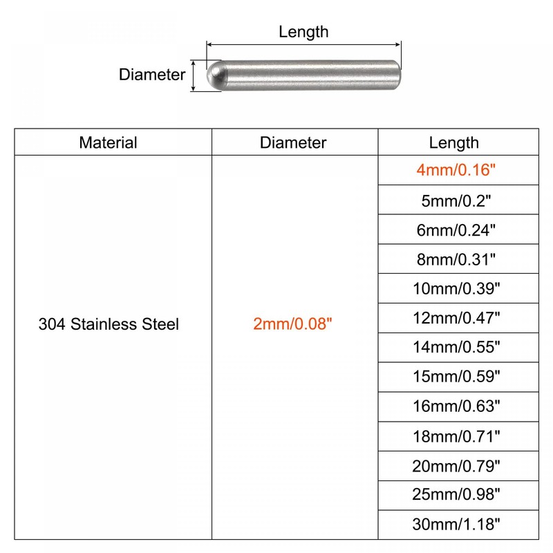 sourcing map 2x4mm Dowel Pins, 50pcs 304 Stainless Steel Round