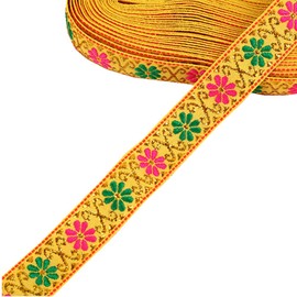 7 Yard 7/8" Daisy Floral Embroidered Jacquard Ribbon Metallic Vintage Woven Trim Fabric Tapestry for Embellishment Craft Home Decor (Gold)