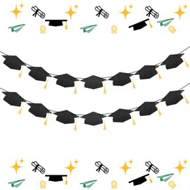 Graduation Decorations 2025 - Black Glitter Class of 2025 Grad Banner, 9.8 FT Pre-Strung with Real Gold Tassels, 14 PCS Double-Sided Cap Garland, No DIY Party Supplies for Indoor & Outdoor Use