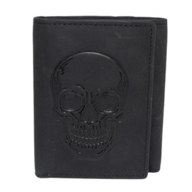 MARSHAL Men’s Genuine Leather Skull Wallet – Trifold RFID Blocking Biker Wallet with ID Window & Snap Closure (No Chain)