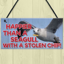 RED OCEAN Happier Seagull Funny Nautical Seaside Theme Gift Hanging Plaque Bathroom Inspiration Sign