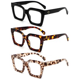 REAVEE 3 Pack Oprah Style Oversized Reading Glasses for Women Men, Blue Light Blocking Computer Thick Frame stylish Square Readers with Spring Hinge((Black/Tortoise/Brown Tortoise, 2.25)