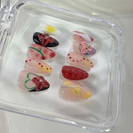 Short Almond Press On Nails Handmade Fake Nails With Red 3D Flower Design Full Cover Stick On Nails Floral Acrylic Artificial Glossy Glue On Nails For Women Girls 10pcs (SIZE:L)