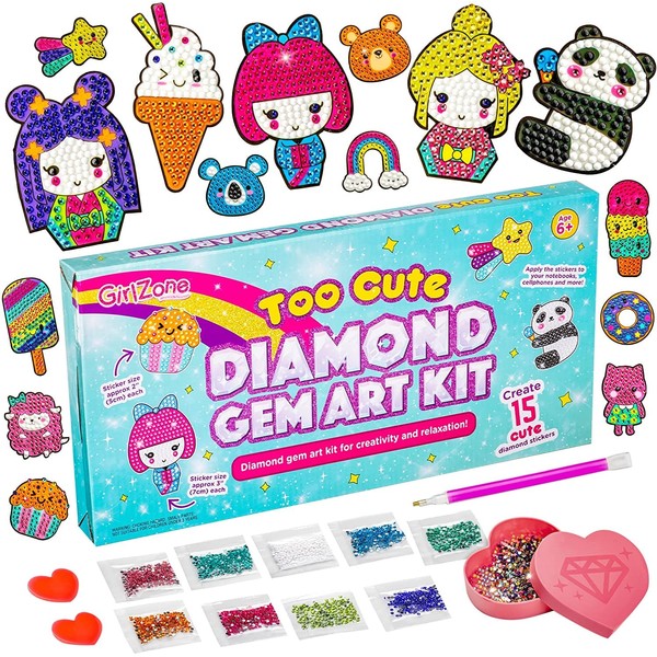 GirlZone Diamond Gem Art Kit, Creative Kids Crafts Set to Make Cute Diamond Art for Kids, Sparkle Gem Stickers Kit, and Diamond Painting for Kids