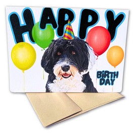Fava Bean Productions Happy Birthday Card with Dogs, Portuguese Water Dog Card (1 Premium Card, 5x7 inches, Blank Inside) Dog Themed Birthday Card, Happy Birthday from Dog, Cute Birthday Card - 328