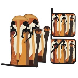Oven Mitts and Pot Holders Sets of 4, African Woman Kitchen Gloves for Cooking Baking Black Women Hot Pads BBQ Potholders