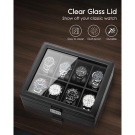 Vlando 8-Slots Watch Cases for Men, Watch Box with Large Glass Lid, Lockable, Business Textured Leather, 52mm Large Soft Pillow, Gift for Fathers, Husband, Friend, Black