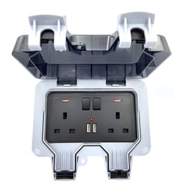 Standard UK Black Weatherproof Waterproof IP66 Outdoor BOX Wall Socket 13A Double Switched Outlet With USB Charging Port