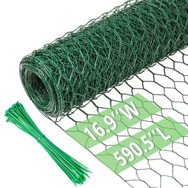 Chicken Wire 16.9 in x 590.5 in Poultry Wire Netting Hexagonal Galvanized Mesh Garden Fence Barrier for Pet Rabbit Chicken Fencing with 100 Pcs Cable Zip Ties(PVC-Coated)