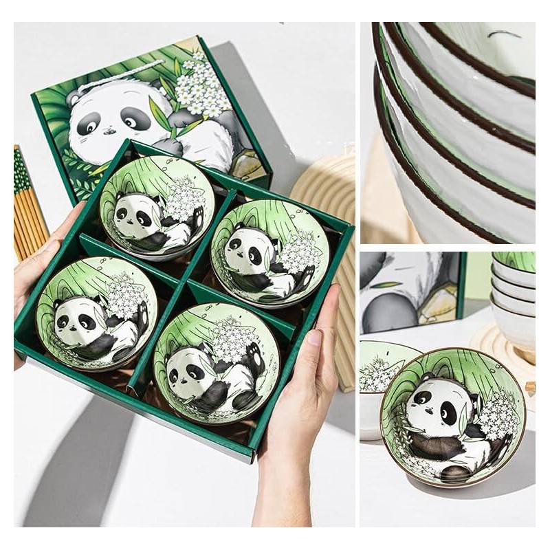 EatingBiting 4pcs Bowls & 4 Pairs of Chopsticks Panda Porcelain