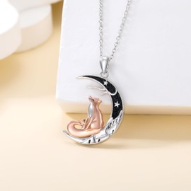 SELKAT Fox Necklace 925 Sterling Silver Moon Fox Pendant Dainty Animal fox Necklace Jewelry Gifts For Women 18+2 Inches