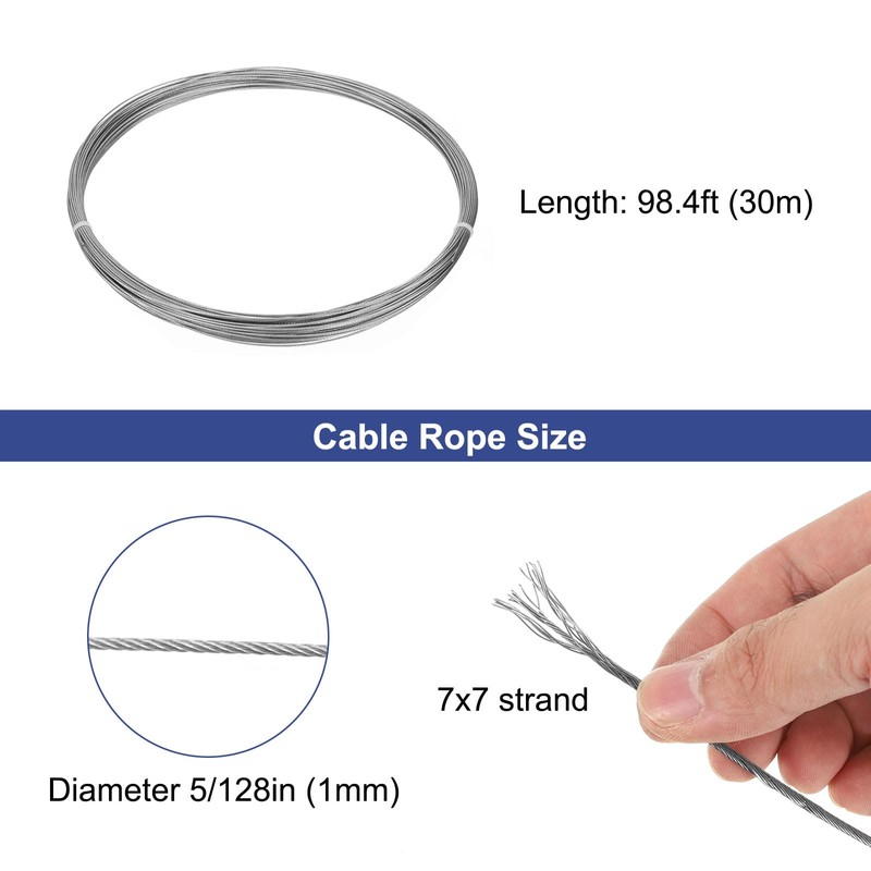sourcing map 98.4ft (30m)316 Stainless Steel Wire Rope, 5/128" (1mm)