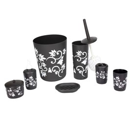 Plastic Floral Printed 7-Piece Bathroom Accessory Set by Home Basics | Tumbler, Toothbrush Holder, Soap Dish, Lotion Dispenser, Cotton Ball Holder, Toilet Brush Holder & Waste Basket
