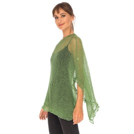 SHU-SHI Womens Sheer Poncho Shrug Lightweight Knit Ruffle Sweater Top Green