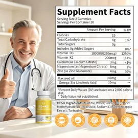 Vitamin D3 K2 Gummies, Vitamin D3 10000IU, K2 (MK-7) 200mcg, 6-in-1 Vitamina D3 Con K2 Supplement with Omega-3, Magnesium, Calcium and Zinc for Bones, Teeth & Immune Support, Sugar Free, 2 Packs