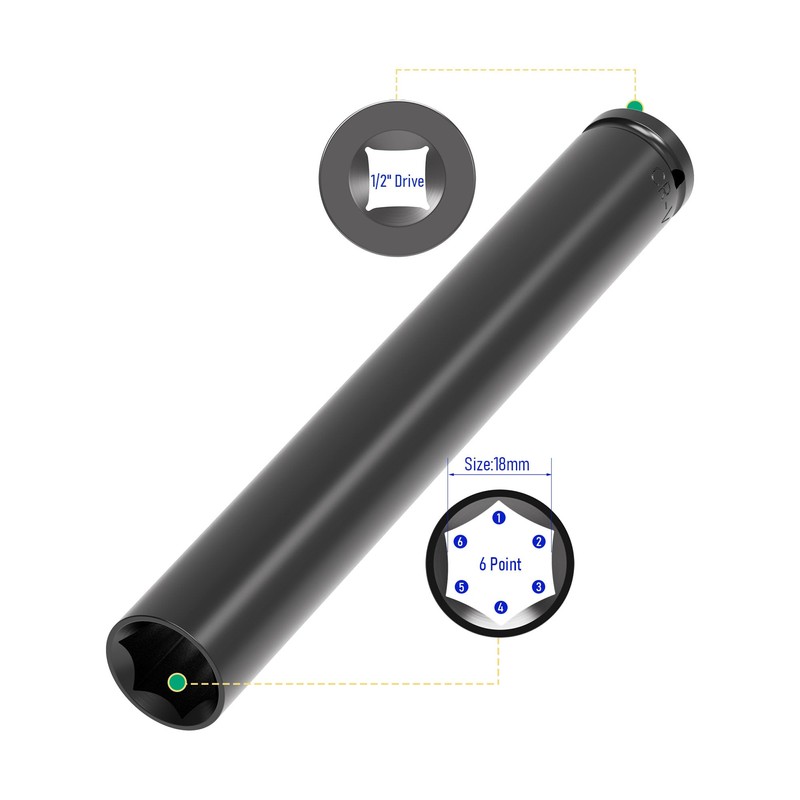 FOCMKEAS 1/2 Inch Drive by 18mm Deep Impact Socket, Heat-Treated