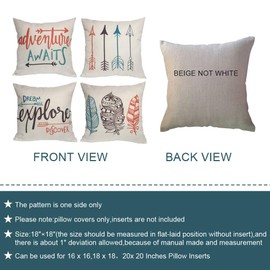 Feather Arrows Throw Pillow Case Inspirational Words Cushion Cover Home Decorative Square Pillowcases 18×18 Inch,4pack(Adventure Awaits,Dream Explore Discover, Ethnic Arrows, Feathers)