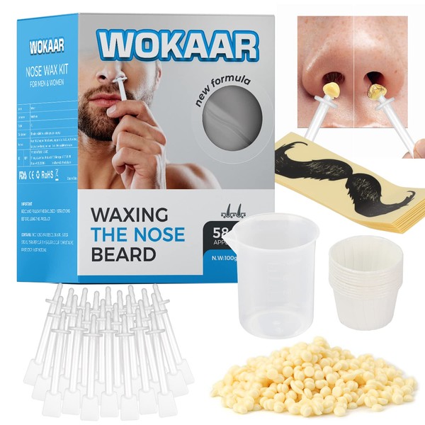 2023 Wokaar Nose Wax, NEW 100g, Hypoallergenic Nostril Waxing kit, Gentle Ear Hair Removal for Men, 30Applicators,10 Mustache Guards,Safe, Easy,Quick and Painless, BLUE2